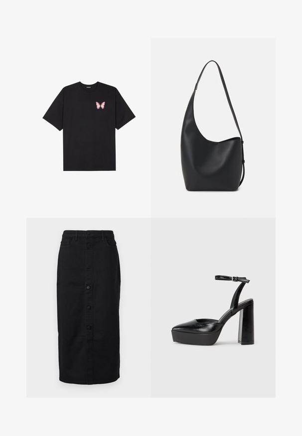 Svart bomulls T-skjorte med korte ermer, med en liten rosa sommerfugl grafikk på venstre bryst. Crew-neck design med en avslappet passform.; Svart denim midi-skjørt med rett silhuett, frontlukking med knapper og sidelommer. Det har et klassisk design og en robust tekstur.; Sorte plattformhelter med spiss tå og justerbar ankelrem. Laget av glatt lær, med en robust blokkhel.; Svart lær hobo-veske med glatt tekstur, buet form og enkelt justerbart stropp; har en bred åpning på toppen.