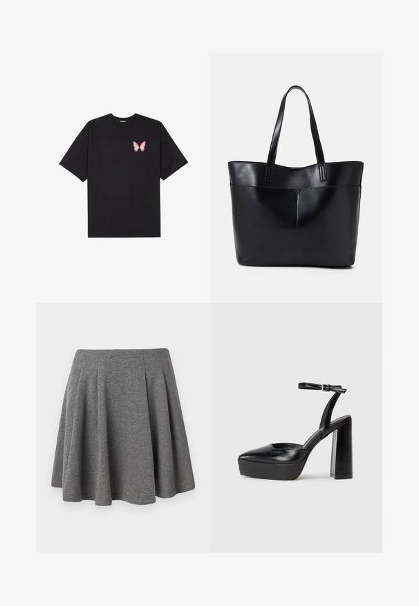 Svart bomulls T-skjorte med korte ermer, med en liten rosa sommerfugl grafikk på venstre bryst. Crew-neck design med en avslappet passform.; Grå plisseret nederdel lavet af blødt stof, med en tætsiddende talje og en udsvinget silhuet, med en glat tekstur og pæne afslutninger.; Sorte plattformhelter med spiss tå og justerbar ankelrem. Laget av glatt lær, med en robust blokkhel.; Svart lær toteveske med to lange håndtak, en glatt tekstur og en strukturert form. Har en frontlomme for ekstra oppbevaring.