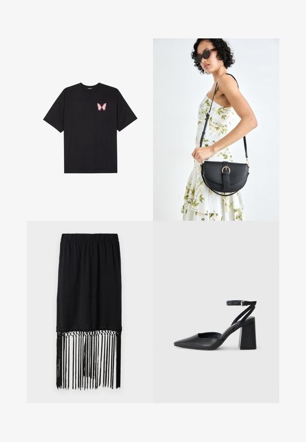 Svart bomulls T-skjorte med korte ermer, med en liten rosa sommerfugl grafikk på venstre bryst. Crew-neck design med en avslappet passform.; Svart skjørt med elastisk midje og frynset kant. Frynsene er laget av tynne tråder, som tilfører tekstur og detaljer til designet.; Svart lær pumps med spiss tå, ankelrem og kraftig hæl. Flat tekstur, strømlinjeformet design og minimalisme.; Svart lærveske med en buet form, avtagbar stropp og gullbeslag. Vesken har et klaff med spenne-detall.
