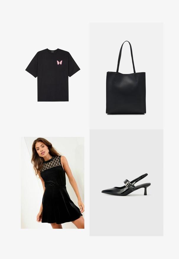 Tricou negru din bumbac cu mâneci scurte, având pe partea stângă a pieptului un mic grafic cu un fluture roz. Design cu guler rotund și croială lejeră.; Rochie neagră fără mâneci, cu o textură de catifea, având un top transparent, embellizat cu un model geometric și o fustă evazată.; Sandale cu toc din piele patent neagră, cu vârful ascuțit și un toc mic bloc, având un accent cu cataramă argintie pe curea.; Geantă tote neagră din piele, cu textură netedă, formă rectangulară și două mânere lungi. Fără hardware vizibil sau ornamente.