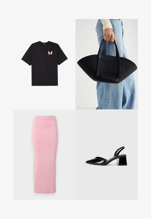 Czarny bawełniany t-shirt z krótkim rękawem, z małym różowym motylkiem na lewej piersi. Klasyczny dekolt z luźnym fasonem.; Jasnoróżowa, długa, dopasowana spódnica wykonana z elastycznego materiału. Charakteryzuje się gładką teksturą i subtelnym marszczeniem z jednej strony. Brak ozdób.; Czarne lakierowane półbuty na obcasie z wydłużonym noskiem i geometrycznym słupkiem. Charakteryzują się eleganckim, minimalistycznym designem oraz gładką fakturą.; Czarna skórzana torebka w unikalnym kształcie wachlarza, z płaskimi uchwytami. Powierzchnia ma fakturę kamyków i minimalistyczny design.