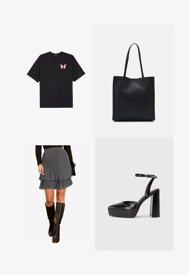 Fekete pamut póló rövid ujjakkal, bal mellkason egy kis rózsaszín pillangó grafikával. Kerek nyakú kialakítás, laza fazonnal.; Fekete-fehér mintás, réteges szoknya fodros kialakítással, térd fölé érő fekete bőr csizmával párosítva. Simább textúra és szabott derék.; Fekete platform magassarkú cipők hegyes orral és állítható bokapánttal. Sima bőrből készült, vastag talppal.; Fekete bőrtáska sima felszínnel, téglalap alakú, két hosszú füllel. Nincs látható fémkiegészítő vagy díszítés.