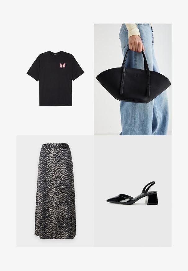 Fekete pamut póló rövid ujjakkal, bal mellkason egy kis rózsaszín pillangó grafikával. Kerek nyakú kialakítás, laza fazonnal.; A leopárdmintás midi szoknya sima anyagú, fekete és bézs színkombinációval, egyenes sziluettel és derékpánttal rendelkezik.; Fekete lakk bőr szandálkés magas sarkú cipő, hegyes orral és geometrikus tömbsarkakkal. Karcsú, minimalista dizájn és sima textúra jellemzi.; Fekete bőr kézitáska egyedi legyezőformával, lapos füllel. A felülete kőriszerű textúrájú és minimalista dizájnnal rendelkezik.