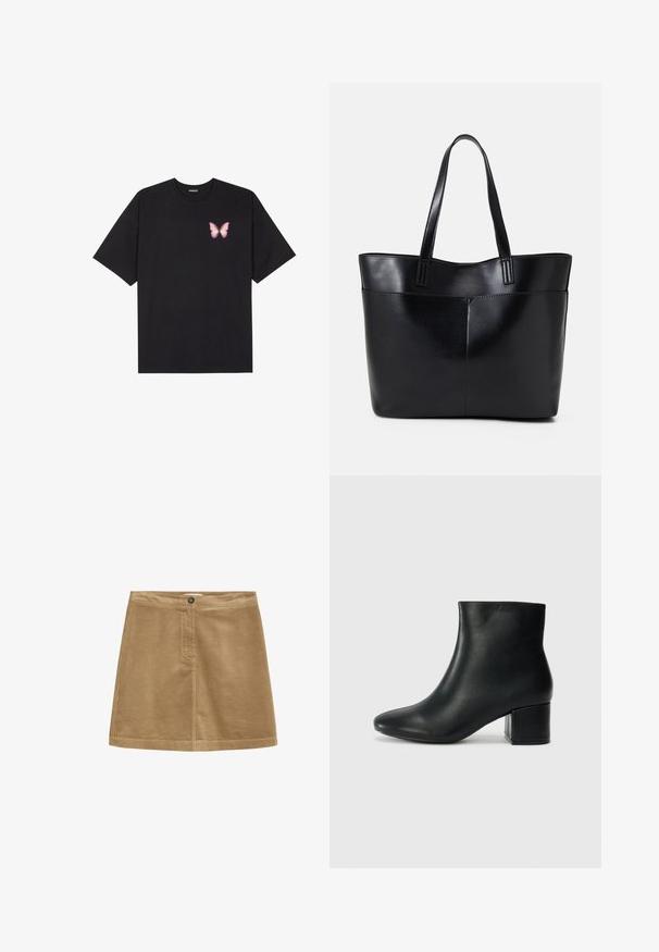 Musta puuvillapaita lyhyillä hihoilla, jossa on pieni vaaleanpunainen perhosgrafiikka vasemmassa rinnassa. Pyöreä kaula-aukko ja rento istuvuus.; Ruusunvärinen sametinen minihame napin sulkemisella, jossa on pystysuuntainen röpelötekstuuri ja yksinkertainen muotoilu. Helma on suora ja siisti.; Musta nahkasaappaat nilkkapituudella, jossa on terävä kärki ja paksu korko. Silkkinen pinta, jossa on minimaaliset yksityiskohdat ja tyylikäs, istuva muotoilu.; Musta nahkainen kassi, jossa on kaksi pitkää kahvaa, sileä pinta ja jämäkkä muoto. Sisältää etutaskun lisävarastointia varten.