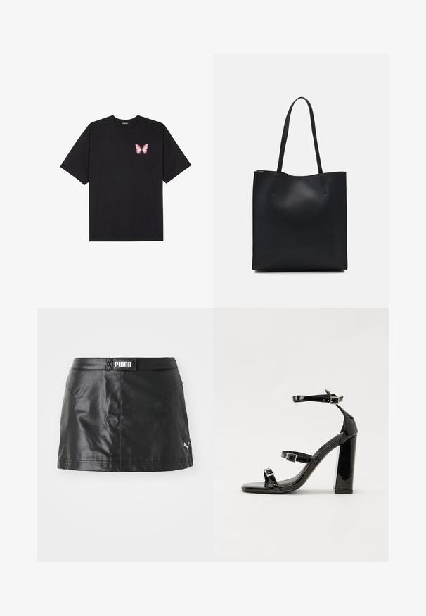 Juodas medvilnės marškinėliai trumpomis rankovėmis, su maža rožine drugelio grafika kairėje krūtinės pusėje. Apvalus kaklo iškirpimas, laisvas kirpimas.; Juoda dirbtinės odos sijonas su lygiu paviršiumi, turintis PUMA logotipą ant juosmens ir nedidelį logotipą ant krašto.; Juodos patentuotos aukštakulnės basutės su dviem sagtelėmis, kvadratine nosimi ir stambiu blokiniu kulnu, pasižyminčios lygiu, blizgiu paviršiumi.; Juodas odinis tote krepšys su lygia tekstūra, stačiakampio formos ir dviem ilgais rankenomis. Matomų metalinių detalių ar puošybos nėra.