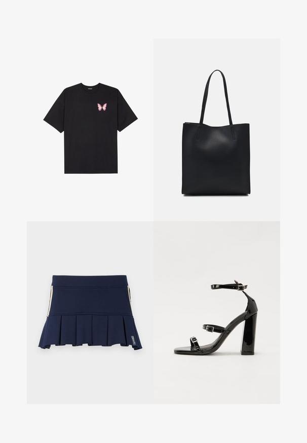 T-shirt nera in cotone con maniche corte, caratterizzata da una piccola grafica di una farfalla rosa sul lato sinistro del petto. Design a girocollo con una vestibilità rilassata.; Gonna plissettata blu navy realizzata in tessuto elastico, con vita aderente e dettaglio di zip laterale. La cucitura è visibile lungo le cuciture.; Sandali con tacco in vernice nera, con punta squadrata, cinturini alla caviglia e fibbie in argento. Presentano un tacco a blocco spesso per maggiore stabilità.; Borsa tote in pelle nera con texture liscia, forma rettangolare e due manici lunghi. Nessun hardware o decorazione visibile.