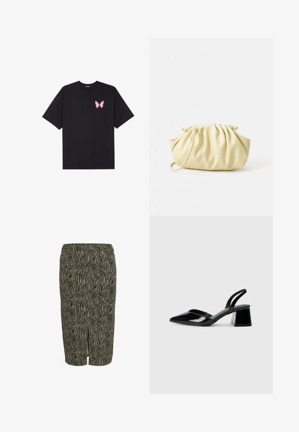 Black cotton t-shirt with short sleeves, featuring a small pink butterfly graphic on the left chest. Crew neck design with a relaxed fit.; Brown and beige pencil skirt featuring a tiger stripe pattern, made from a textured fabric, with a slit detail at the front.; Black patent leather slingback heels with a pointed toe and a geometric block heel. Features a sleek, minimal design and smooth texture.; Yellow pleated handbag made of smooth faux leather, featuring a soft shape with a single shoulder strap and gathered top design.