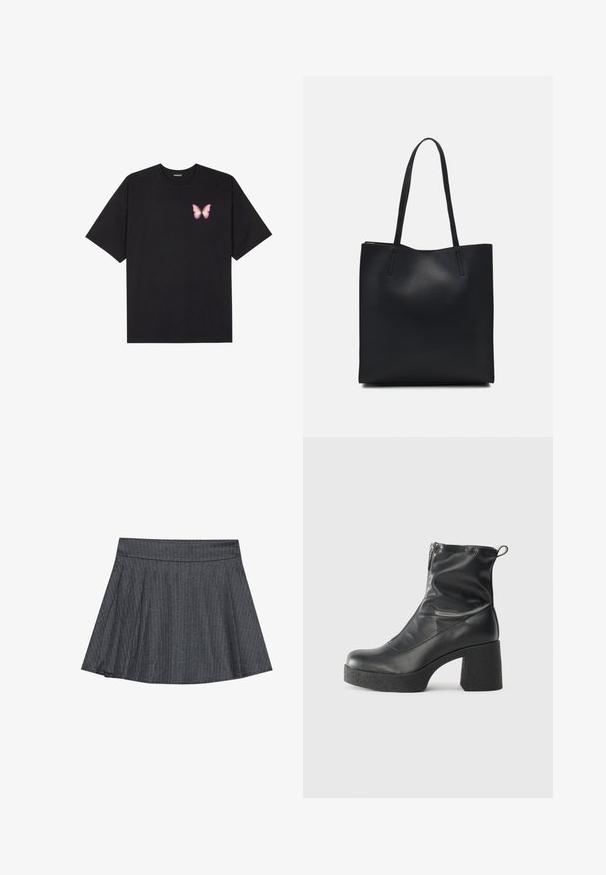 Musta puuvillapaita lyhyillä hihoilla, jossa on pieni vaaleanpunainen perhosgrafiikka vasemmassa rinnassa. Pyöreä kaula-aukko ja rento istuvuus.; Harmaa raitapaita skater-hame, jossa on tiukka vyötärö, levenevä A-linjainen muoto ja pehmeä kangasrakenteen. Pystysuorat viivat lisäävät visuaalista kiinnostavuutta.; Mustat nilkkurit, jotka on valmistettu sileästä nahasta. Niissä on sivuvetoketju, paksu teksturoitu korko ja pyöristetty kärki.; Mustapahkainen kangaskassi, jossa on sileä pinta, suorakaiteen muotoinen ja kaksi pitkää kahvaa. Ei näkyvää metalliosaa tai koristeita.