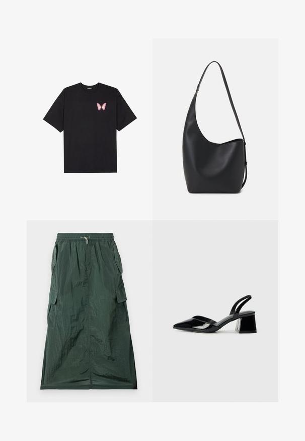 Črna bombažna majica s kratkimi rokavi, ki ima majhen roza metuljček na levi strani prsnega dela. Majica s krožnim ovratnikom in sproščenim krojem.; Zelena tovorna krila iz lahkega teksturiranega materiala. Ima elastičen pas, vrvico za prilagajanje in več stranskih žepov.; Črne lakirane slingback pete s koničastim nosom in geometrijsko blokasto peto. Imajo eleganten, minimalističen dizajn in gladko teksturo.; Črna usnjena hobo torba z gladko teksturo, ukrivljeno obliko in eno nastavljivo naramnico; ima širok odprtina na vrhu.