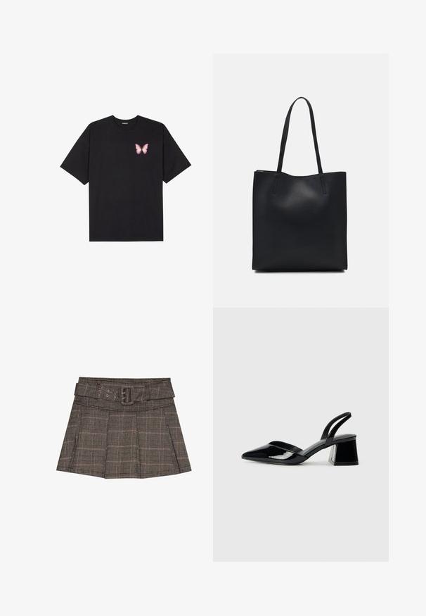 T-shirt en coton noir à manches courtes, avec un petit graphique de papillon rose sur la poitrine gauche. Modèle à col rond avec une coupe décontractée.; Jupe mini à carreaux en noir, brun et beige. Comprend une taille ceinturée, des plis et un tissu texturé avec un motif géométrique.; Escarpins en cuir verni noir avec bout pointu et talon bloc géométrique. Présente un design élégant et minimaliste ainsi qu'une texture lisse.; Sac fourre-tout en cuir noir avec une texture lisse, de forme rectangulaire et deux longues poignées. Pas de matériel ou d'ornementations visibles.