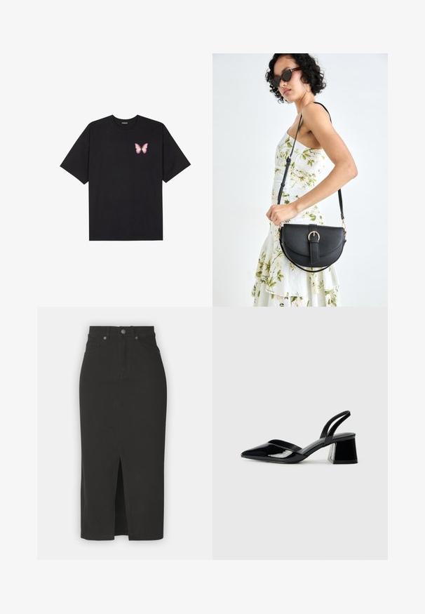 Fekete pamut póló rövid ujjakkal, bal mellkason egy kis rózsaszín pillangó grafikával. Kerek nyakú kialakítás, laza fazonnal.; Fekete farmer midi szoknya elülső hasítékkal, öt zsebes dizájnnal és fémdobozos zárással. Simma textúrájú, testhez álló sziluettel.; Fekete lakk bőr szandálkés magas sarkú cipő, hegyes orral és geometrikus tömbsarkakkal. Karcsú, minimalista dizájn és sima textúra jellemzi.; Fekete bőrtáska ívelt formával, levehető pánttal és arany színű fémrészekkel. A táskán egy csattal díszített fedél található.