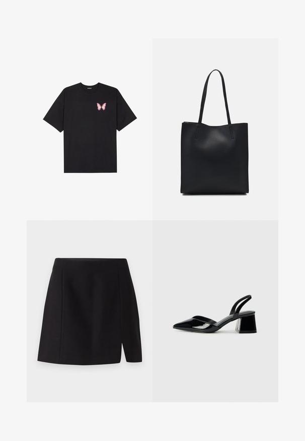 Fekete pamut póló rövid ujjakkal, bal mellkason egy kis rózsaszín pillangó grafikával. Kerek nyakú kialakítás, laza fazonnal.; Fekete mini szoknya sima anyagból, fitted derékkal és elöl hasítékkal, amely modern jelleget ad a letisztult dizájnjához.; Fekete lakk bőr szandálkés magas sarkú cipő, hegyes orral és geometrikus tömbsarkakkal. Karcsú, minimalista dizájn és sima textúra jellemzi.; Fekete bőrtáska sima felszínnel, téglalap alakú, két hosszú füllel. Nincs látható fémkiegészítő vagy díszítés.