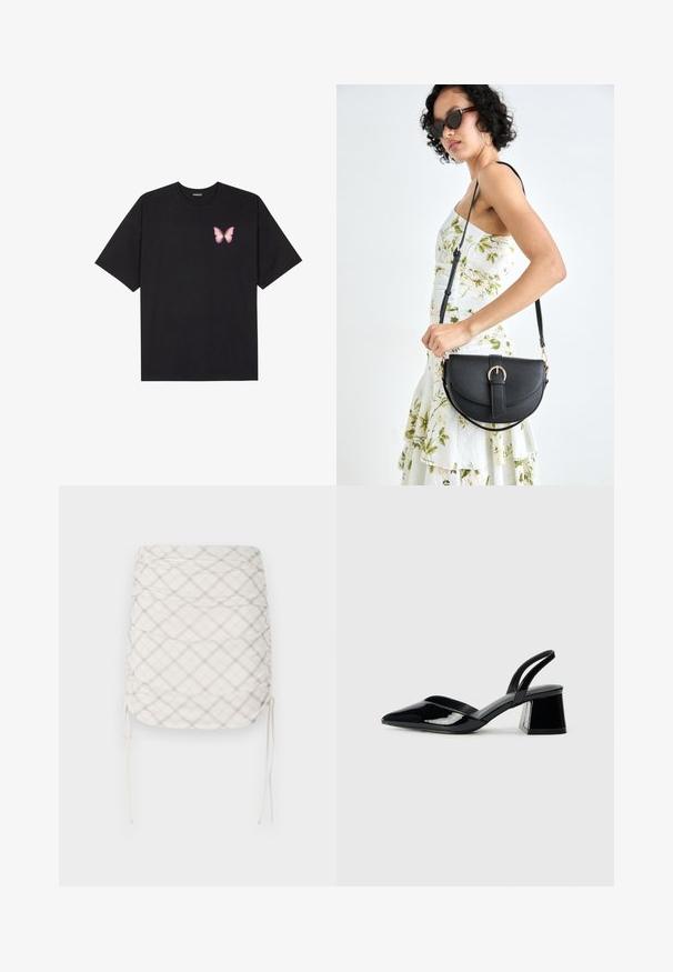Black cotton t-shirt with short sleeves, featuring a small pink butterfly graphic on the left chest. Crew neck design with a relaxed fit.; Ruched mini skirt in cream with gray and beige plaid pattern. Features adjustable side ties and a smooth, textured fabric.; Black patent leather slingback heels with a pointed toe and a geometric block heel. Features a sleek, minimal design and smooth texture.; Black leather handbag with a curved shape, detachable strap, and gold hardware. The bag features a flap with a buckle detail.