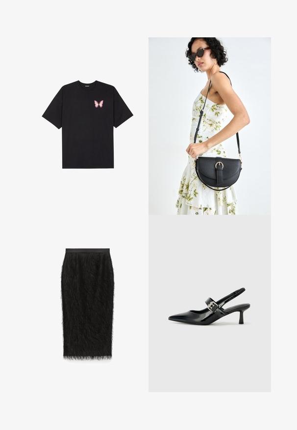 Zwarte katoenen t-shirt met korte mouwen, voorzien van een kleine roze vlinder graphic op de linkerkant van de borst. Crew neck ontwerp met een relaxte fit.; Zwarte kokerrok van textuurstof met een fuzzy afwerking. Heeft een gladde tailleband en een lengte tot de knie.; Zwarte gepatineerde leren slingback hakken met een puntige neus en een kleine blokhak, met een zilveren gespaccent op de band.; Zwarte leren handtas met een gebogen vorm, afneembare schouderband en gouden hardware. De tas heeft een klep met een gespsluiting.