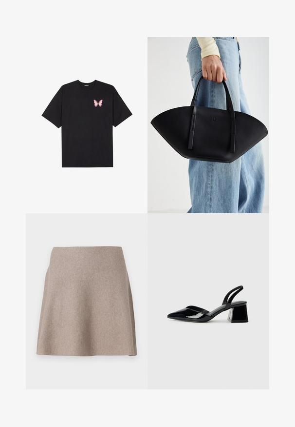 Camiseta de algodón negra de manga corta, con un pequeño gráfico de mariposa rosa en el lado izquierdo del pecho. Diseño de cuello redondo con un corte relajado.; Una falda beige de corte acampanado, hecha de una tela suave con una textura lisa y un dobladillo limpio. Diseño sencillo sin patrones o adornos visibles.; Zapatos de tacón slingback de charol negro con punta afilada y tacón geométrico en bloque. Presentan un diseño elegante y minimalista, así como una textura suave.; Bolso de mano de cuero negro con una forma de abanico única, que cuenta con asas planas. La superficie tiene una textura de grano y un diseño minimalista.
