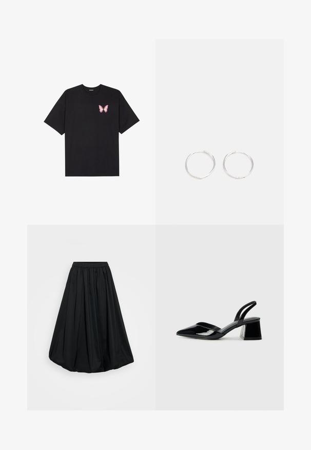 Μαύρο βαμβακερό μπλουζάκι με κοντά μανίκια, διαθέτοντας ένα μικρό ροζ γραφικό πεταλούδας στο αριστερό στήθος. Σχέδιο με στρογγυλή λαιμόκοψη και άνετη εφαρμογή.; Μαύρη, φούστα μέχρι τον αστράγαλο από ελαφρύ ύφασμα, με ελαστική μέση και σχεδίαση με συγκέντρωση, διαθέτοντας λεία υφή και όγκο.; Μαύρα πατεντέ δερμάτινα γοβάκια slingback με μυτερή μύτη και γεωμετρικό τακούνι. Έχουν κομψό, μινιμαλιστικό σχέδιο και λεία υφή.; Ασημένια σκουλαρίκια κρίκοι με κομψό, στρογγυλό σχέδιο, που διαθέτουν λεία επιφάνεια και χωρίς ορατά διακοσμητικά στοιχεία. Η διάμετρος δεν αναφέρεται.