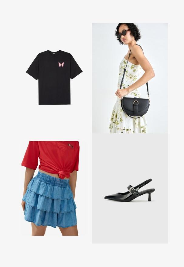 Zwarte katoenen t-shirt met korte mouwen, voorzien van een kleine roze vlinder graphic op de linkerkant van de borst. Crew neck ontwerp met een relaxte fit.; Lichtblauwe denimrok met drie gelaagde ruffles, met een elastische tailleband en een gladde textuur. Gecombineerd met een rood shirt met korte mouwen.; Zwarte gepatineerde leren slingback hakken met een puntige neus en een kleine blokhak, met een zilveren gespaccent op de band.; Zwarte leren handtas met een gebogen vorm, afneembare schouderband en gouden hardware. De tas heeft een klep met een gespsluiting.
