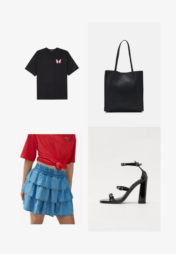 Crna pamučna majica s kratkim rukavima, s malim grafičkim prikazom ružičaste vjetricaste s desne strane na prsima. Dizajn s okruglim izrezom i opuštenim krojem.; Svijetloplava traper suknja s tri sloja volana, s elastičnom waistbandom i glatkom teksturom. Uparena s crvenom majicom kratkih rukava.; Crne lakirane sandale na pete sa kvadratnim nosom, trakama oko gležnja i srebrnim kopčama. Imaju čvrst blok petu za stabilnost.; Crna kožna torba za nošenje s glatkom teksturom, pravokutnim oblikom i dvije duge ručke. Nema vidljivih metalnih dijelova ili ukrasa.