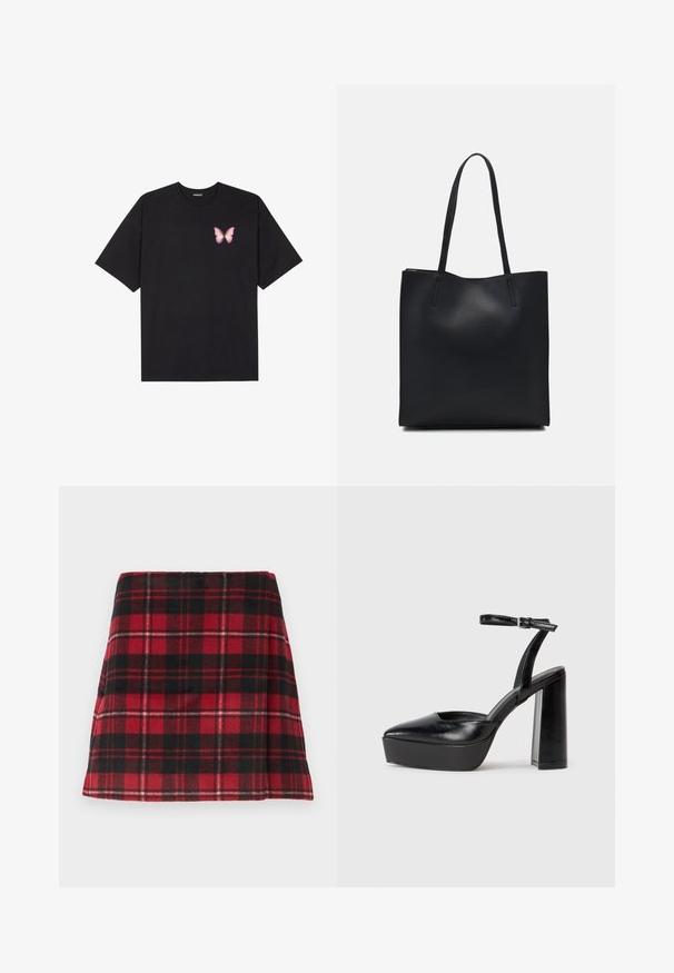 Camiseta de algodón negra de manga corta, con un pequeño gráfico de mariposa rosa en el lado izquierdo del pecho. Diseño de cuello redondo con un corte relajado.; Minifalda de cuadros rojos y negros, hecha de tela suave con forma acampanada, que presenta costuras horizontales y un dobladillo limpio.; Zapatos de tacón negro con punta afilada y correa ajustable en el tobillo. Confeccionados en cuero suave, presentan un tacón grueso.; Bolso tote de cuero negro con textura lisa, forma rectangular y dos asas largas. Sin herrajes ni adornos visibles.