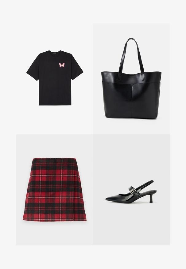 Svart bomulls T-skjorte med korte ermer, med en liten rosa sommerfugl grafikk på venstre bryst. Crew-neck design med en avslappet passform.; Rød og svart rutete miniskjørt, laget av mykt stoff med en flare-fasong, med horisontal søm og velsydd kant.; Svarte patent lær slingback hæler med spiss tå og en liten blokkheel, med en sølvspenne som detalj på stroppen.; Svart lær toteveske med to lange håndtak, en glatt tekstur og en strukturert form. Har en frontlomme for ekstra oppbevaring.