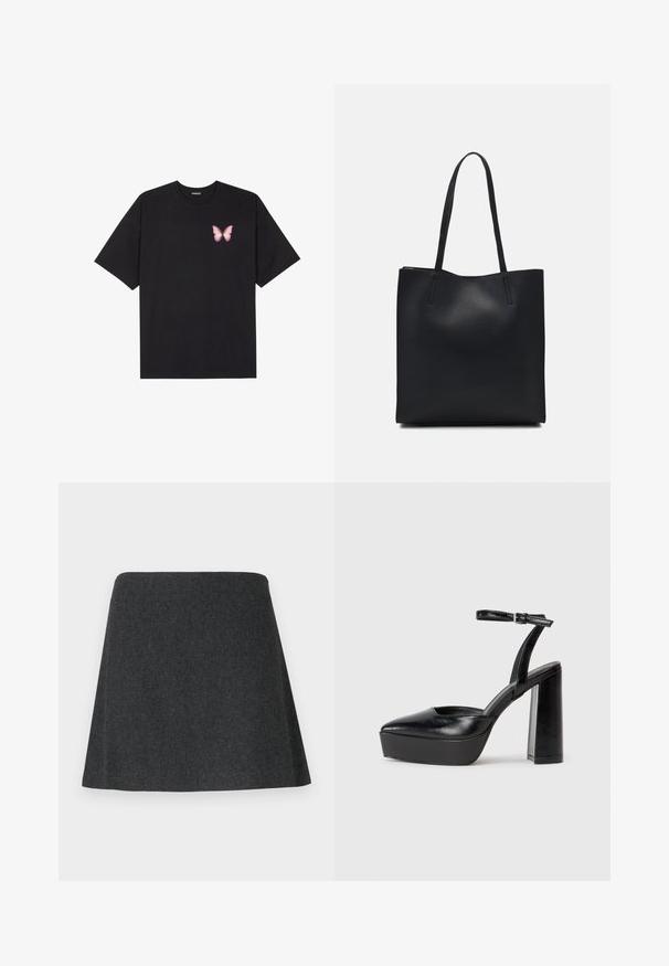 Črna bombažna majica s kratkimi rokavi, ki ima majhen roza metuljček na levi strani prsnega dela. Majica s krožnim ovratnikom in sproščenim krojem.; A-skirt iz temnega blaga, ki se ponaša z gladko teksturo in čistim robom. Minimalističen dizajn brez vidnih kovinskih delov ali okrasnih elementov.; Črne platforme z visokimi petami in koničastim nosom ter nastavljivim gležnjenjskim trakom. Narejene iz gladke usnje, s kockasto peto.; Črna usnjena torba s svilnato teksturo, pravokotne oblike in dvema dolgima ročajema. Brez vidnih metalnih delov ali okrasnih elementov.
