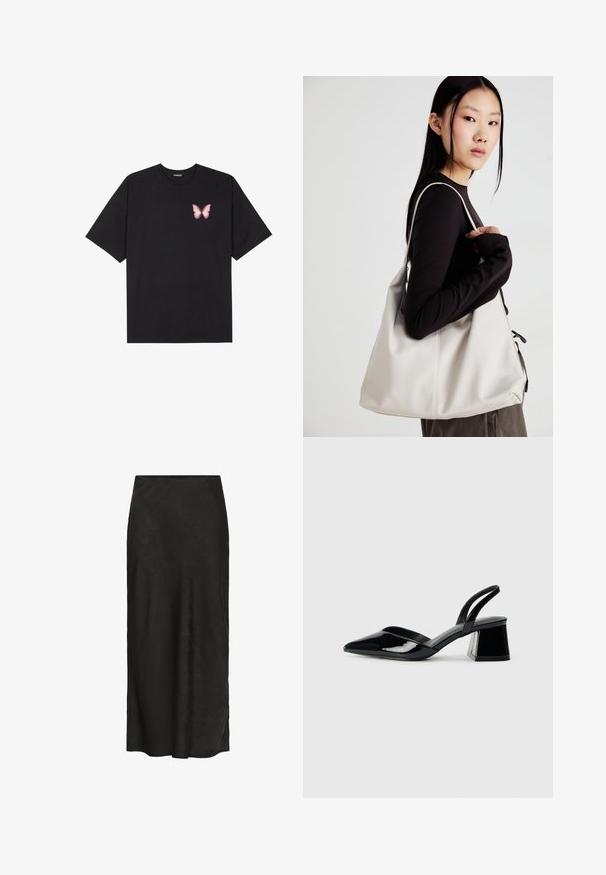 Schwarzes Baumwoll-T-Shirt mit kurzen Ärmeln, das ein kleines pinkes Schmetterlingsmotiv auf der linken Brust zeigt. Crewneck-Design mit einem entspannten Schnitt.; Schwarze, bodenlange Rock aus strukturiertem Stoff. Verfügt über einen glatten Bund, leichten Fall und ein minimalistisches Design ohne zusätzliche Details.; Schwarze Lackleder-Slingback-High Heels mit spitzem Schuh und einem geometrischen Blockabsatz. Verfügt über ein schlankes, minimalistisches Design und eine glatte Textur.; Beige Handtasche aus weichem Material, mit einem lässigen Design, gesteppten Details und zwei Schulterriemen. Geeignet für den täglichen Gebrauch.