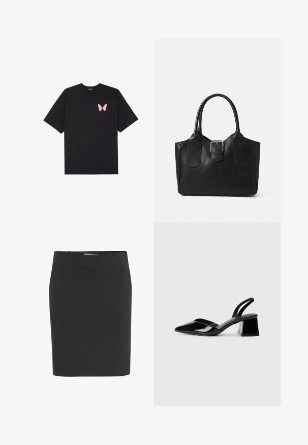 Schwarzes Baumwoll-T-Shirt mit kurzen Ärmeln, das ein kleines pinkes Schmetterlingsmotiv auf der linken Brust zeigt. Crewneck-Design mit einem entspannten Schnitt.; Schwarzer Bleistiftrock aus glattem Stoff, mit einer figurbetonten Silhouette, einem Bund und einem knielangen Schnitt. Keine sichtbaren Muster oder Akzente.; Schwarze Lackleder-Slingback-High Heels mit spitzem Schuh und einem geometrischen Blockabsatz. Verfügt über ein schlankes, minimalistisches Design und eine glatte Textur.; Schwarze Leder-Tote mit glatter Textur, strukturiertem Design, zwei Griffen und einem auffälligen silbernen Schnallen-Detail auf der Vorderseite.