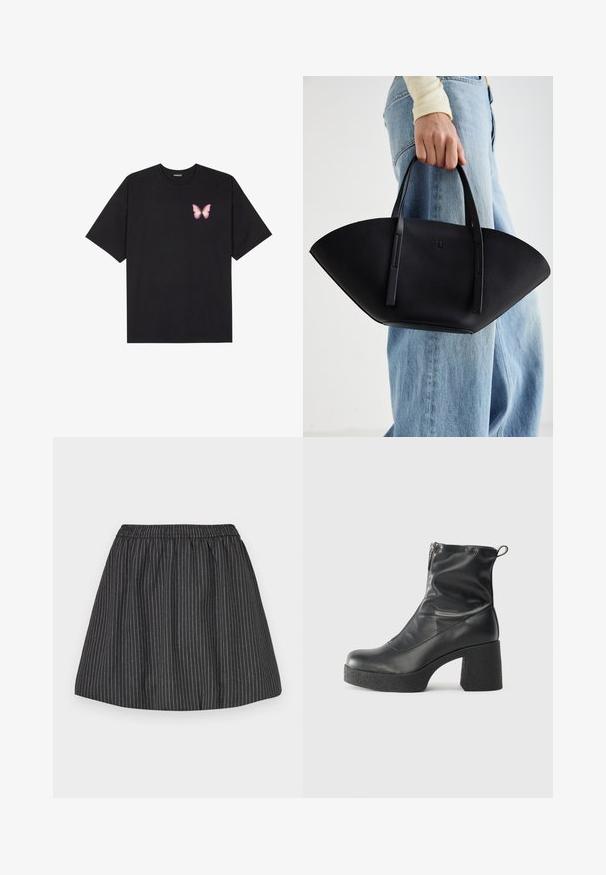 Melna kokvilnas T-krekls ar īsām piedurknēm, kuram priekšā kreisajā pusē ir neliels rozā tauriņa grafiskais attēls. Ar apaļu kaklu un brīvā stila piegriezumu.; Melna svītraina svārku ar elastīgu jostasvietu, ar vertikālām baltām svītrām, izteiksmīgu dizainu un gludu tekstūru. Piemērota ikdienas nēsāšanai.; Melni potītes zābaki, kas izgatavoti no gludas ādas, ar sānu rāvējslēdzēju, masīvu strukturētu papēdi un noapaļotu purngalu.; Melnas ādas rokassoma ar unikālu ventilatora formu, aprīkota ar plakaniem rokturiem. Virsma ir ar graudainu faktūru un minimālistisku dizainu.