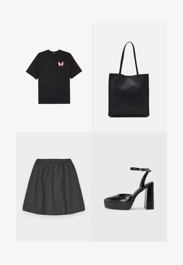 Čierne bavlnené tričko s krátkymi rukávmi, s malým ružovým motýlikom na ľavej hrudi. Design s okrúhlym výstrihom a uvoľneným strihom.; Čierna pruhovaná sukňa s elastickým pásom, má vertikálne biele pruhy, rozšírený strih a hladkú textúru. Vhodná na neformálne nosenie.; Čierne platformové podpätky so špicatou špičkou a nastaviteľným členkovým remienkom. Vyrobené z hladkej kože a so robustným blokovým podpätkom.; Čierna kožená taška na rameno s hladkým povrchom, obdĺžnikovým tvarom a dvoma dlhými uchami. Bez viditeľného kovania alebo ozdôb.