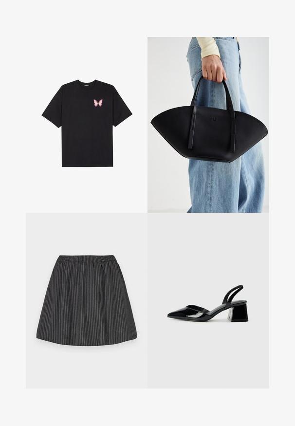 Musta puuvillapaita lyhyillä hihoilla, jossa on pieni vaaleanpunainen perhosgrafiikka vasemmassa rinnassa. Pyöreä kaula-aukko ja rento istuvuus.; Mustat raidalliset hameet, joissa on joustava vyötärö, joissa on pystysuorat valkoiset raidat, liehuva muotoilu ja sileä pinta. Sopii arkivaatteeksi.; Mustat patentoitu nahkakengät, joissa on säären takaosa ja terävä kärki, sekä geometrinen palikkakorko. Sisältää tyylikkään, minimalistisen muotoilun ja sileän pinnan.; Musta nahkainen käsilaukku, jossa on ainutlaatuinen tuulihattukuvio, jossa on litteät kahvat. Pinnassa on karkeapintainen rakenne ja minimalistinen muotoilu.