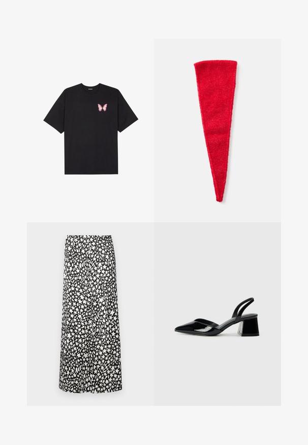 Zwarte katoenen t-shirt met korte mouwen, voorzien van een kleine roze vlinder graphic op de linkerkant van de borst. Crew neck ontwerp met een relaxte fit.; Zwart-witte midi-rok met een abstract sterrenpatroon, met een gladde textuur en een elastische tailleband voor een comfortabele pasvorm.; Zwarte gepatineerde leren slingback hakken met een spitse neus en een geometrische blokhak. Kenmerkt zich door een slank, minimalistisch ontwerp en een gladde textuur.; Rode driehoekige textielaccessoire met een zachte, gebreide textuur. Versmalt van een bredere bovenkant naar een spitse onderkant, geschikt voor verschillende stijlen.; Zwarte leren handtas met een gladde textuur, rechthoekige vorm en twee lange handvaten. Geen zichtbare hardware of versieringen.