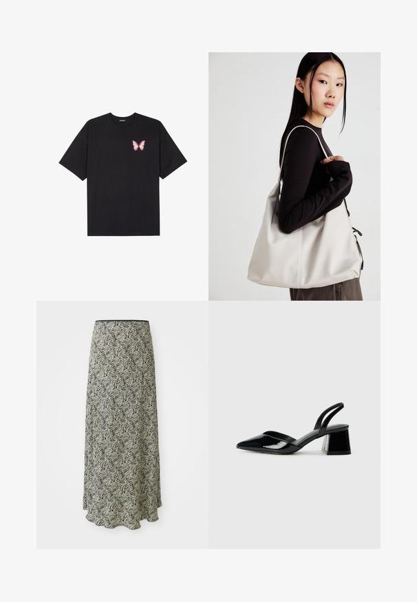 Tricou negru din bumbac cu mâneci scurte, având pe partea stângă a pieptului un mic grafic cu un fluture roz. Design cu guler rotund și croială lejeră.; Fustă midi neagră și albă cu un model ondulat, textură netedă și margine în formă de val; fabricată dintr-un material ușor.; Pantofi cu toc slingback din piele lacuită neagră, cu vârf ascuțit și toc geometric. Prezintă un design elegant, minimalist și o textură netedă.; Geantă bej din material moale, cu un design lejer, detalii cusute și două bretele pentru umăr. Potrivită pentru utilizarea zilnică.