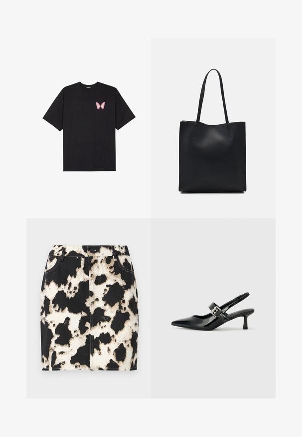 T-shirt de algodão preto com mangas curtas, apresentando um pequeno gráfico de borboleta rosa no lado esquerdo do peito. Design de gola redonda com um corte solto.; Saia de ganga com padrão de pele de vaca em preto e branco, com costuras em contraste e fecho frontal com botões. Design curto e justo.; Saltos slingback em verniz preto com bico pontiagudo e um pequeno salto bloco, apresentando um detalhe de fivela prateada na tira.; Bolsa tote preta em couro com textura lisa, forma retangular e duas alças longas. Sem hardware ou enfeites visíveis.