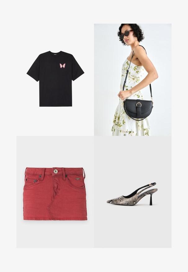 Melna kokvilnas T-krekls ar īsām piedurknēm, kuram priekšā kreisajā pusē ir neliels rozā tauriņa grafiskais attēls. Ar apaļu kaklu un brīvā stila piegriezumu.; BDG Urban Outfitters ULTRA MINI - Minisvārki - red; Punktēti purngalu slingback apavi, kas izgatavoti no teksturētas čūsku drukas materiāla, ar plānu melnu papēdi un izgriezumu dizainu sānos.; Melnas ādas rokassoma ar izliekta formu, noņemamu siksnu un zelta aksesuāriem. Somai ir vāciņš ar sprādzes detaļu.