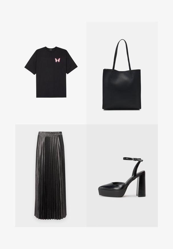 Black cotton t-shirt with short sleeves, featuring a small pink butterfly graphic on the left chest. Crew neck design with a relaxed fit.; Black pleated maxi skirt with an elastic waistband, featuring a shiny, textured surface and vertical pleats throughout its length.; Black platform heels with a pointed toe and adjustable ankle strap. Constructed from smooth leather, featuring a chunky block heel.; Black leather tote bag with smooth texture, rectangular shape, and two long handles. No visible hardware or embellishments.