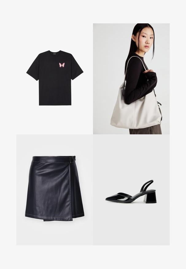 Fekete pamut póló rövid ujjakkal, bal mellkason egy kis rózsaszín pillangó grafikával. Kerek nyakú kialakítás, laza fazonnal.; Fekete bőr mini szoknya, átkötős kialakítással, sima textúrával, fehér varrásokkal és keskeny derékkal.; Fekete lakk bőr szandálkés magas sarkú cipő, hegyes orral és geometrikus tömbsarkakkal. Karcsú, minimalista dizájn és sima textúra jellemzi.; Puha anyagból készült bézs kézitáska, laza dizájnnal, varrott részletekkel és két vállpánttal. Mindennapi használatra alkalmas.