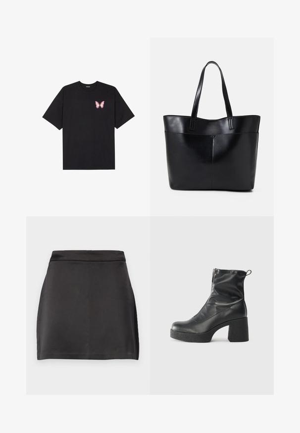 Black cotton t-shirt with short sleeves, featuring a small pink butterfly graphic on the left chest. Crew neck design with a relaxed fit.; Black mini skirt made of smooth fabric. Features a fitted waist and an A-line shape. No patterns or additional hardware visible.; Black ankle boots made of smooth leather, featuring a side zipper, chunky textured heel, and rounded toe design.; Black leather tote bag with two long handles, a smooth texture, and a structured shape. Features a front pocket for additional storage.