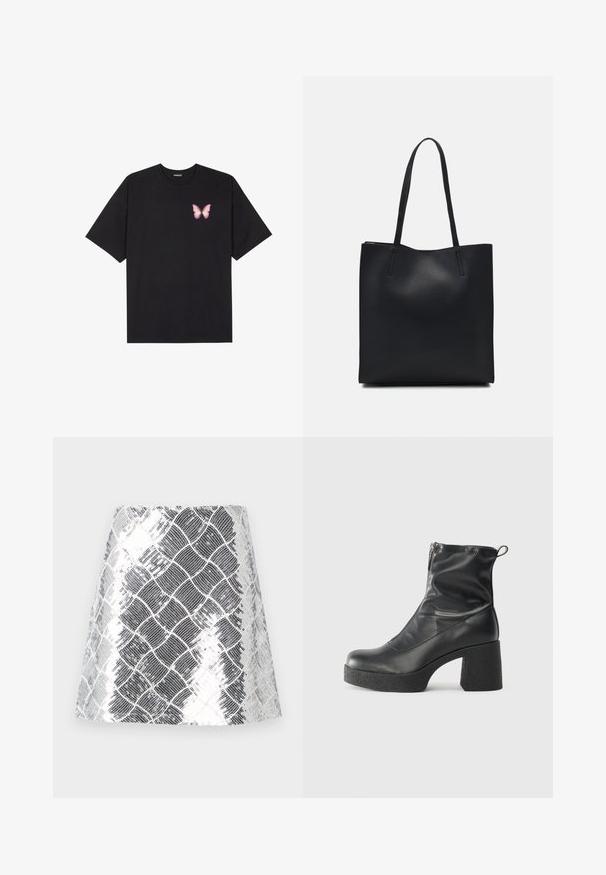 Musta puuvillapaita lyhyillä hihoilla, jossa on pieni vaaleanpunainen perhosgrafiikka vasemmassa rinnassa. Pyöreä kaula-aukko ja rento istuvuus.; Hopeapintainen ja musta kuvioitu hame, jossa on teksturoitu metallinen pinta. Muotoilu sisältää ruudukkomaisen, käärmeennahkavaikutelman kauttaaltaan.; Mustat nilkkurit, jotka on valmistettu sileästä nahasta. Niissä on sivuvetoketju, paksu teksturoitu korko ja pyöristetty kärki.; Mustapahkainen kangaskassi, jossa on sileä pinta, suorakaiteen muotoinen ja kaksi pitkää kahvaa. Ei näkyvää metalliosaa tai koristeita.