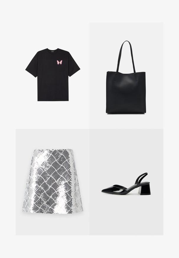 Fekete pamut póló rövid ujjakkal, bal mellkason egy kis rózsaszín pillangó grafikával. Kerek nyakú kialakítás, laza fazonnal.; Ezüst és fekete mintázatú szoknya, texturált, fémes felülettel. A dizájn rácsszerű, kígyó bőrére emlékeztető hatással bír.; Fekete lakk bőr szandálkés magas sarkú cipő, hegyes orral és geometrikus tömbsarkakkal. Karcsú, minimalista dizájn és sima textúra jellemzi.; Fekete bőrtáska sima felszínnel, téglalap alakú, két hosszú füllel. Nincs látható fémkiegészítő vagy díszítés.