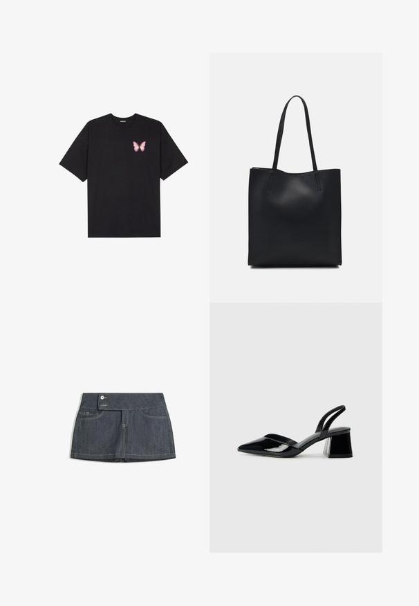 Čierne bavlnené tričko s krátkymi rukávmi, s malým ružovým motýlikom na ľavej hrudi. Design s okrúhlym výstrihom a uvoľneným strihom.; Tmavé džínsové sukne s vysokým pásom, ktorá má dve predné vrecká, zapínanie na gombík a kontrastné švy pozdĺž okrajov.; Čierne lakované kožené sandálové podpätky s špicatou špičkou a geometrickým blokovým podpätkom. Disponujú elegantným, minimalistickým dizajnom a hladkým povrchom.; Čierna kožená taška na rameno s hladkým povrchom, obdĺžnikovým tvarom a dvoma dlhými uchami. Bez viditeľného kovania alebo ozdôb.