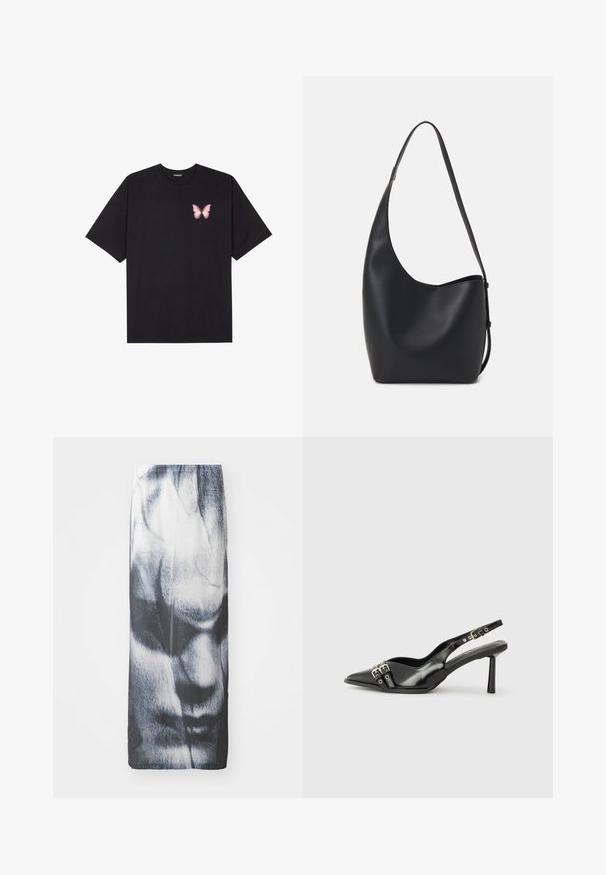 Black cotton t-shirt with short sleeves, featuring a small pink butterfly graphic on the left chest. Crew neck design with a relaxed fit.; Black and white long skirt featuring a graphic print of a face, with a smooth texture and a fitted silhouette.; Black patent leather slingback shoe with pointed toe, ankle straps featuring silver buckles and hardware, and a slender heel.; Black leather hobo bag with a smooth texture, curved shape, and single adjustable strap; features a wide opening at the top.