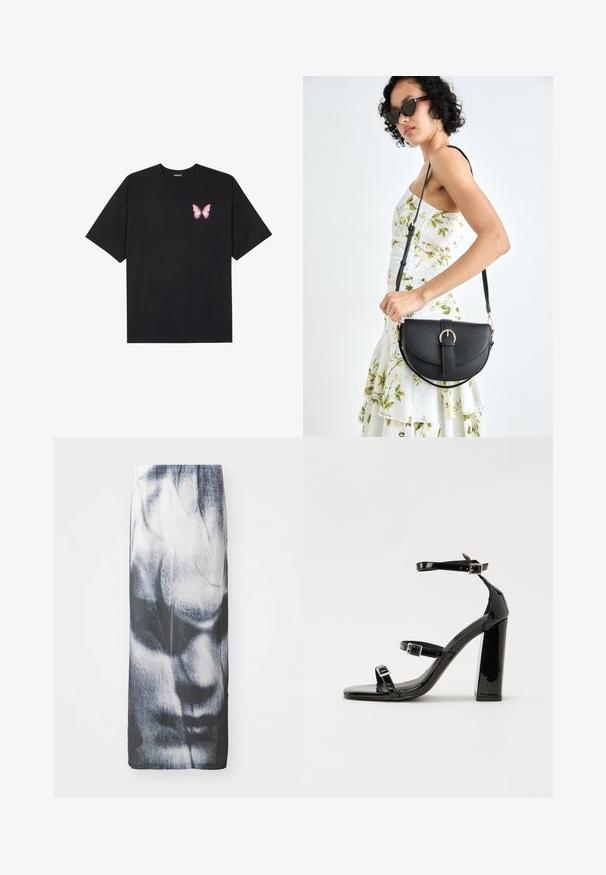 Sort bomulds T-shirt med korte ærmer, prydet med en lille pink sommerfugl grafik på venstre bryst. Rund hals design med en afslappet pasform.; Sort og hvid lang nederdel med et grafisk print af et ansigt, med en glat tekstur og en tætsiddende silhuet.; Sorte patenterede hælsandaler med firkantet tå, ankelremme og sølvspænder. Har en chunky blokHæl for stabilitet.; Sort læderhåndtaske med en buet form, aftagelig rem og guldfinish. Tasken har en klap med en spænde detalje.