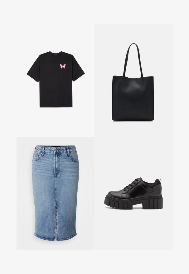 Čierne bavlnené tričko s krátkymi rukávmi, s malým ružovým motýlikom na ľavej hrudi. Design s okrúhlym výstrihom a uvoľneným strihom.; Svetlomodrá denimová sukňa v strihu ceruzky s predným rozparkom, piatimi vreckami a gombíkovým zapínaním v páse. Normálna dĺžka, hladká textúra.; Čierne kožené platformy s masívnym blokovým podpätkom, okrúhlou špičkou a tradičným šnurovaním. Má hladký povrch a minimálne detaily.; Čierna kožená taška na rameno s hladkým povrchom, obdĺžnikovým tvarom a dvoma dlhými uchami. Bez viditeľného kovania alebo ozdôb.