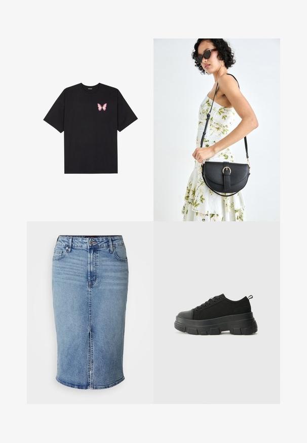 Svart bomulls T-skjorte med korte ermer, med en liten rosa sommerfugl grafikk på venstre bryst. Crew-neck design med en avslappet passform.; Lyseblå denim blyantskjørt med frontslitt, fem lommer og knappelukking i livet. Vanlig lengde, glatt tekstur.; Svarte sneakers med en kraftig gummisåle, teksturert stoffoverdel, rund tå og snøring. Har forsterkede snørehull og bakre trekkstang.; Svart lærveske med en buet form, avtagbar stropp og gullbeslag. Vesken har et klaff med spenne-detall.