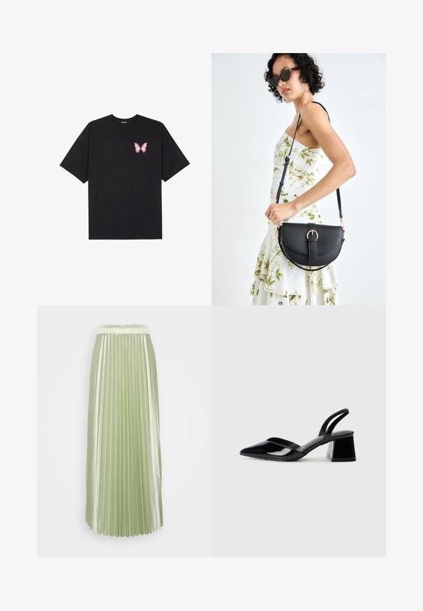 Svart bomullströja med korta ärmar, med en liten rosa fjärilsgrafik på vänster bröst. Rundad halsdesign med en avslappnad passform.; Fållad plisserad kjol i ljusgrön satin med bred midjeband och vertikala plisseringar som skapar en smidig, flödande silhuett.; Svarta lackläder slingback klackar med spetsig tå och geometrisk klack. Har en elegant, minimalistisk design och slät yta.; Svart läderhandväska med en böjd form, avtagbar rem och guldiga detaljer. Väskan har ett lock med en spänndetalj.