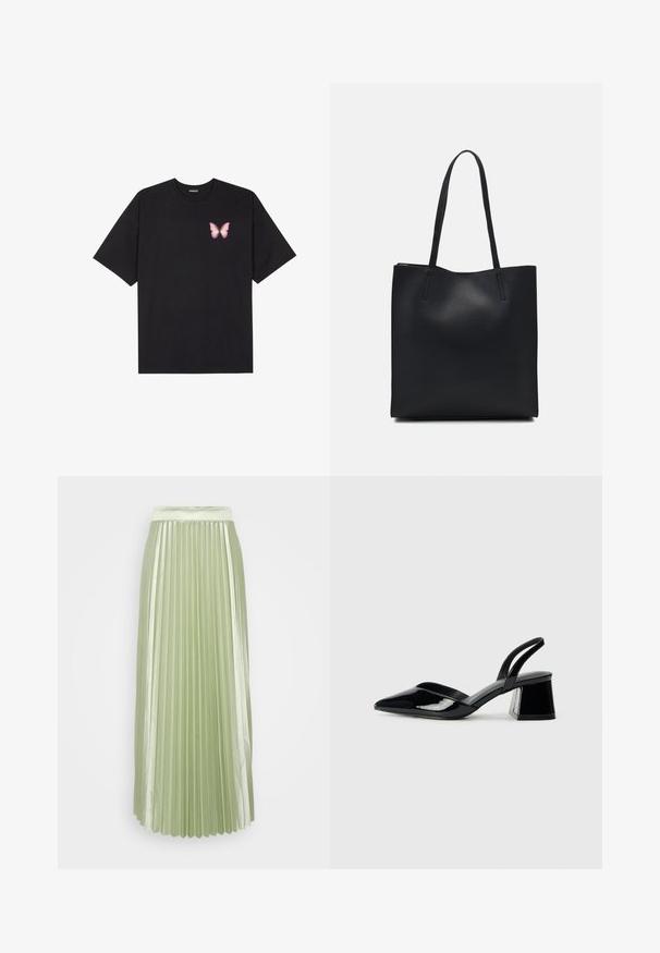 T-shirt nera in cotone con maniche corte, caratterizzata da una piccola grafica di una farfalla rosa sul lato sinistro del petto. Design a girocollo con una vestibilità rilassata.; Gonna plissettata in satin verde chiaro con una vita alta e pieghe verticali, che creano una silhouette liscia e fluida.; Décolleté in vernice nera con punta affusolata e tacco in geometria cubica. Presentano un design elegante e minimalista, con una texture liscia.; Borsa tote in pelle nera con texture liscia, forma rettangolare e due manici lunghi. Nessun hardware o decorazione visibile.