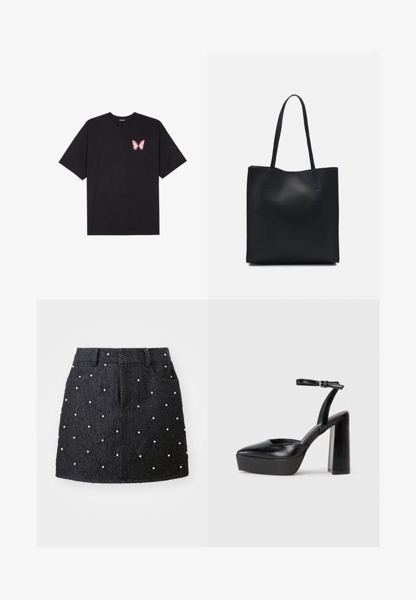 Čierne bavlnené tričko s krátkymi rukávmi, s malým ružovým motýlikom na ľavej hrudi. Design s okrúhlym výstrihom a uvoľneným strihom.; Čierna denimová sukňa s diamantovým prešívaním, zdobená bielymi perlami. Má pás a dve predné vrecká.; Čierne platformové podpätky so špicatou špičkou a nastaviteľným členkovým remienkom. Vyrobené z hladkej kože a so robustným blokovým podpätkom.; Čierna kožená taška na rameno s hladkým povrchom, obdĺžnikovým tvarom a dvoma dlhými uchami. Bez viditeľného kovania alebo ozdôb.