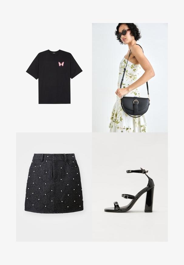Svart bomullströja med korta ärmar, med en liten rosa fjärilsgrafik på vänster bröst. Rundad halsdesign med en avslappnad passform.; Svart denimkjol med en diamantquiltad mönster, prydd med vita pärlor. Har en midja och två framfickor.; Svarta lackerade högklackade sandaler med två spännband, fyrkantig tå och en tjock klack, med en slät och glansig yta.; Svart läderhandväska med en böjd form, avtagbar rem och guldiga detaljer. Väskan har ett lock med en spänndetalj.