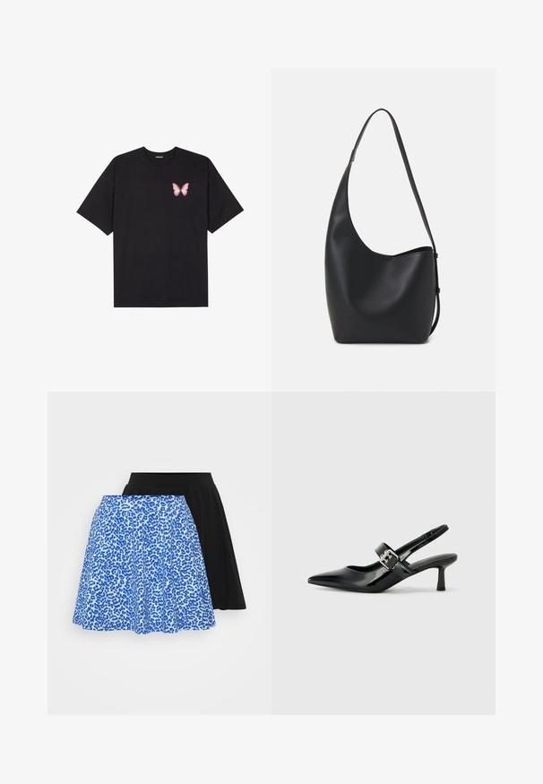 T-shirt de algodão preto com mangas curtas, apresentando um pequeno gráfico de borboleta rosa no lado esquerdo do peito. Design de gola redonda com um corte solto.; Duas saias: uma azul com um padrão de estampa de leopardo e uma preta lisa, ambas com um design evasé e tecido suave.; Saltos slingback em verniz preto com bico pontiagudo e um pequeno salto bloco, apresentando um detalhe de fivela prateada na tira.; Saco hobo preto em pele com uma textura lisa, forma curva e uma única alça ajustável; apresenta uma abertura larga na parte de cima.