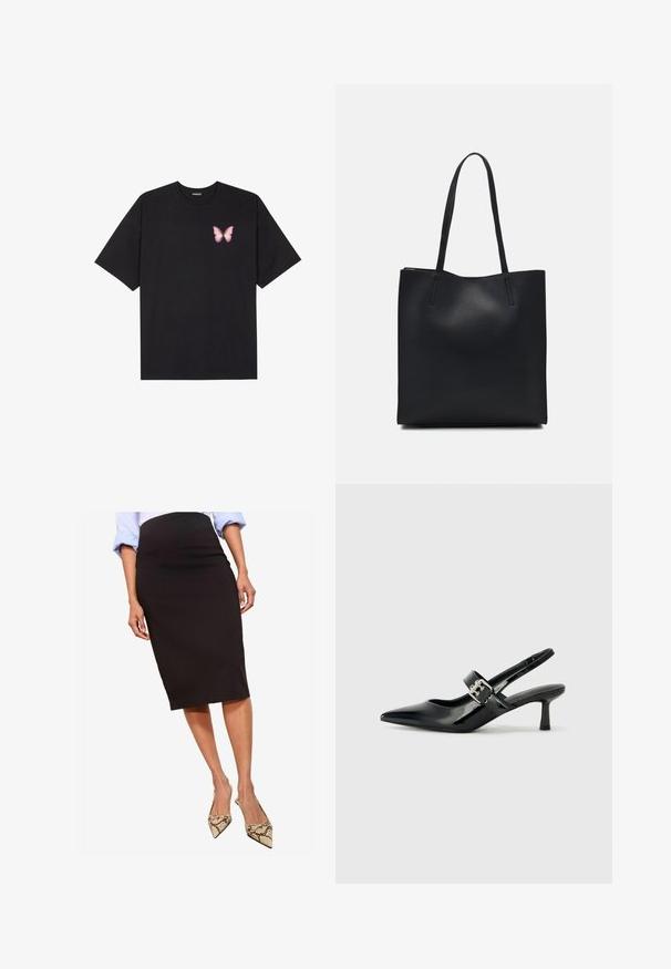 Fekete pamut póló rövid ujjakkal, bal mellkason egy kis rózsaszín pillangó grafikával. Kerek nyakú kialakítás, laza fazonnal.; Fekete ceruzaszoknya sima anyagból, térd középig érő hosszúságú, hegyesorrú kígyóbőrből készült magassarkú cipővel párosítva, amely karcsú sziluettel rendelkezik.; Fekete lakkbőr slingback sarkú cipők hegyes orral és kis blokk talppal, ezüst csat díszítéssel a pánton.; Fekete bőrtáska sima felszínnel, téglalap alakú, két hosszú füllel. Nincs látható fémkiegészítő vagy díszítés.